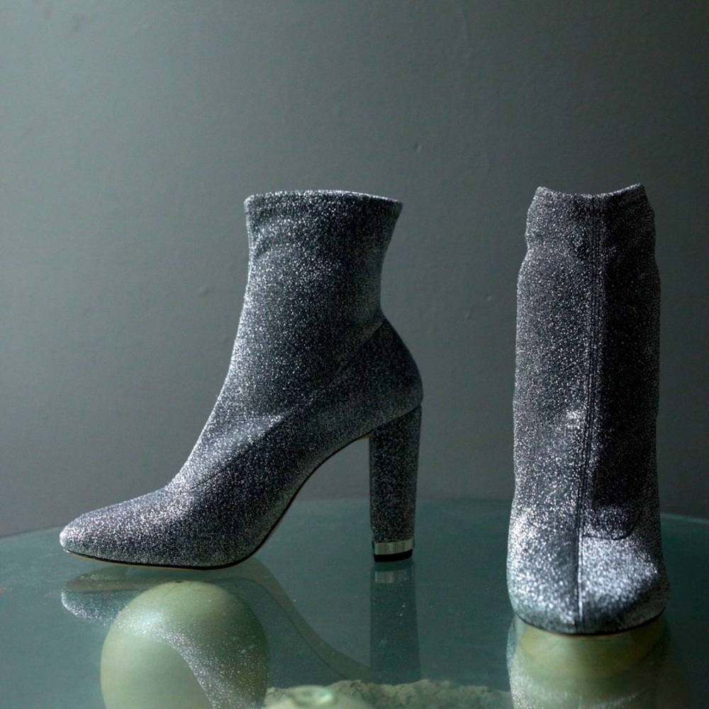 Michael Kors‎ Mandy Sock Glitter Stretch-Knit Ankle Booties Size 8.5 Y2K  Silver